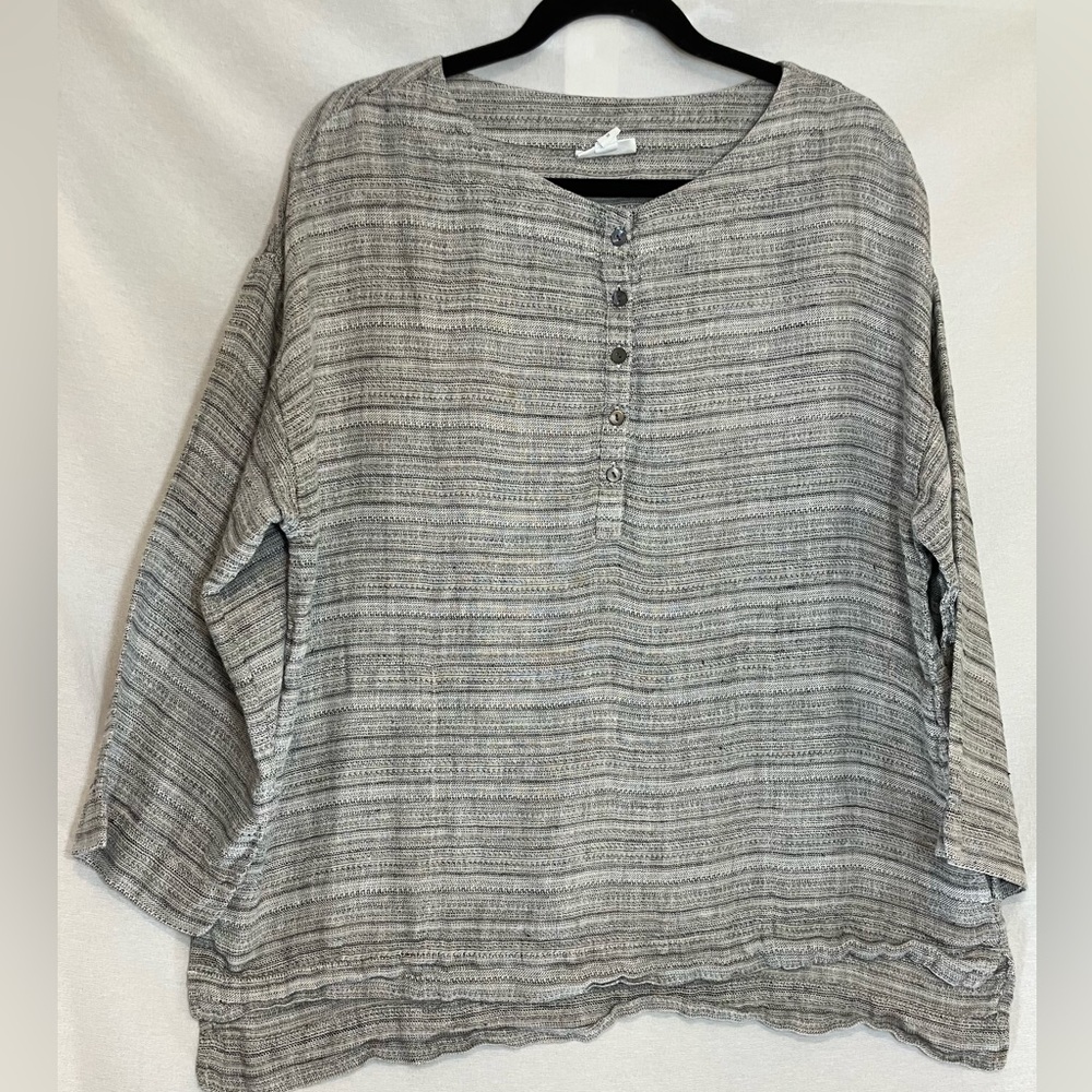 Pue Jill 100% Linen Striped Henley Long Sleeve Tunic Women Size Medium coastal